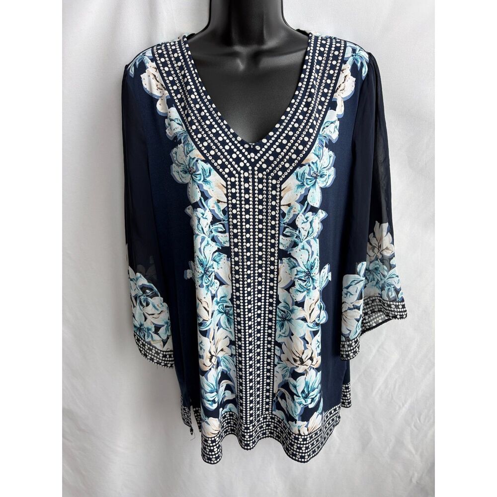 JM Collection Blue Tunic Top Size M Floral V Neck Boho Church Bohemian Feminine